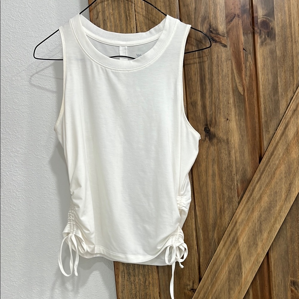 All in Motion Cream Muscle Tee with Ruched Tie Front